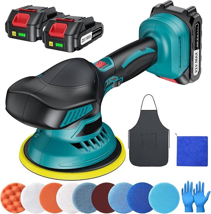 Draadloze polijstmachine - 15,2 cm auto polijstmachine met 2 x 21 V 2000 mAh lithiumbatterijen en 13 bevestigingsmiddelen